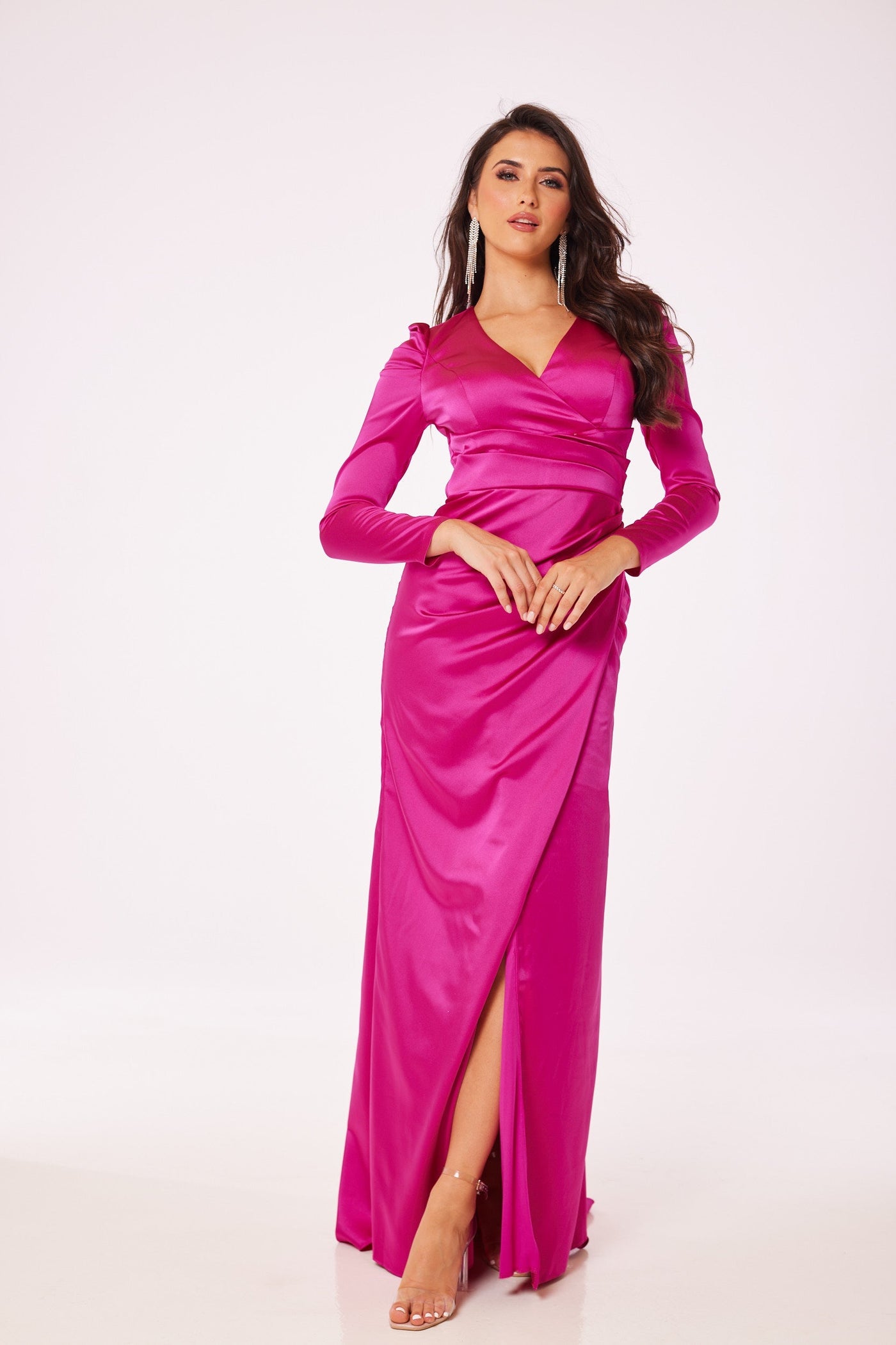 Fuschia Long Sleeve Side Slit Maxi Dress