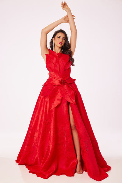 Red Flower Structure Maxi Dress