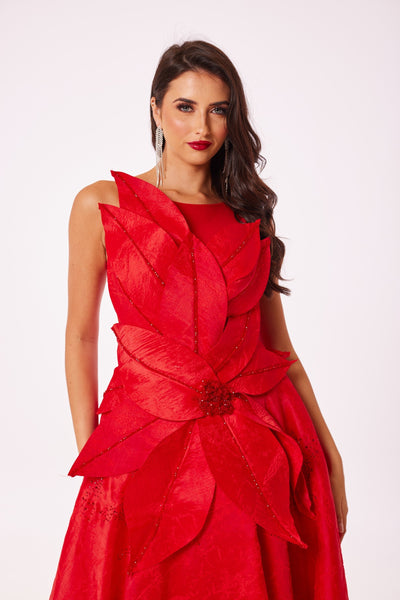 Red Flower Structure Maxi Dress