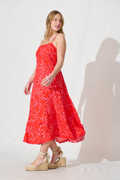 Nightbloom Maxi Sundress In Red Print With Ric Rac Trim
