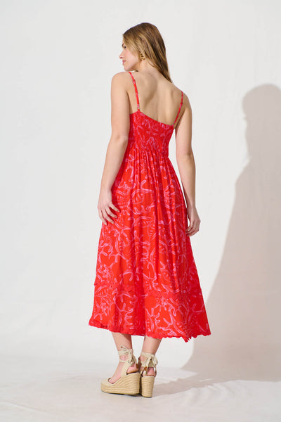 Nightbloom Maxi Sundress In Red Print With Ric Rac Trim