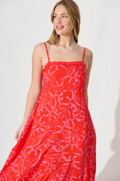 Nightbloom Maxi Sundress In Red Print With Ric Rac Trim
