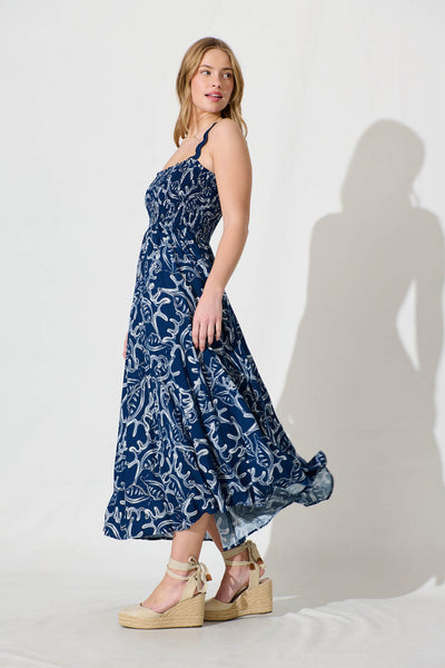 Mora Maxi Sundress In Navy Print Ric Rac Trim