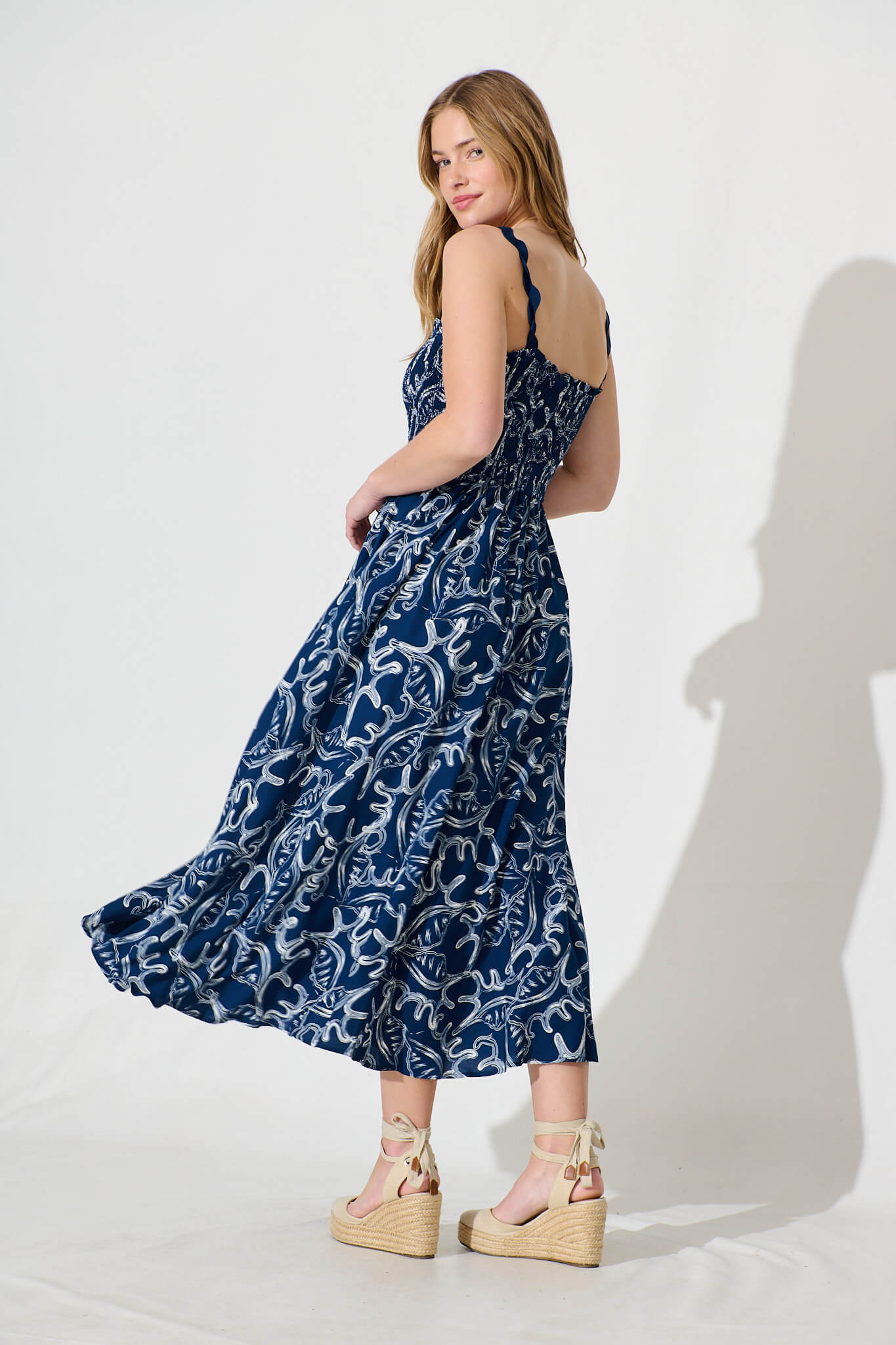 Mora Maxi Sundress In Navy Print Ric Rac Trim