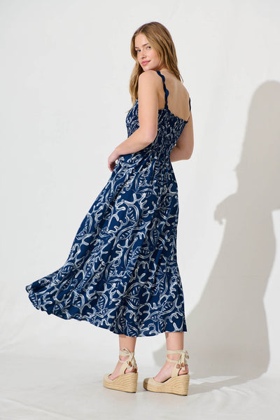 Mora Maxi Sundress In Navy Print Ric Rac Trim
