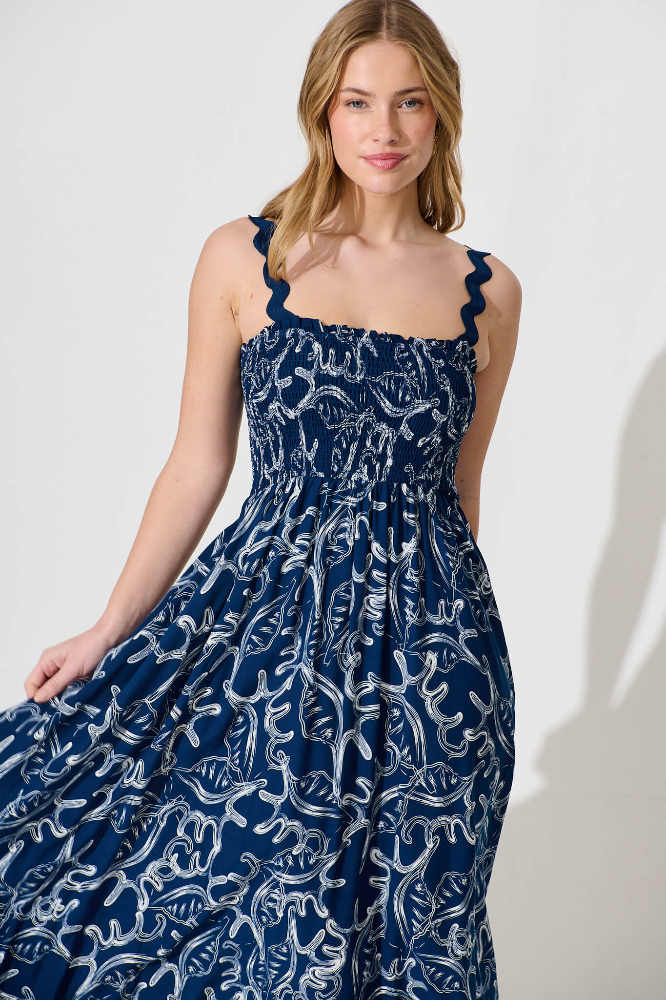 Mora Maxi Sundress In Navy Print Ric Rac Trim