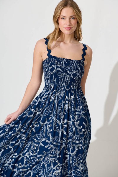 Mora Maxi Sundress In Navy Print Ric Rac Trim