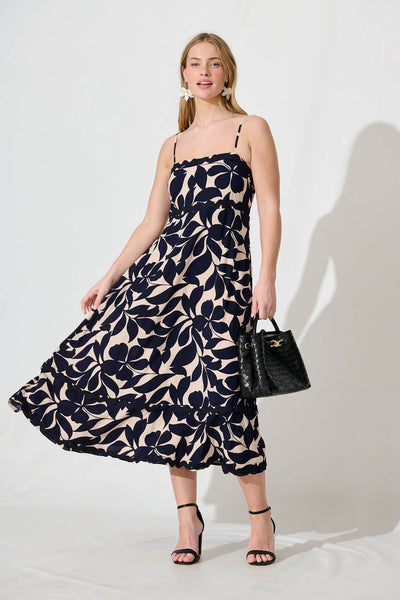 Nightbloom Maxi Sundress In Navy Leaf With Ric Rac Trim