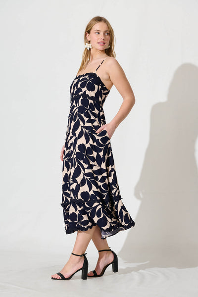Nightbloom Maxi Sundress In Navy Leaf With Ric Rac Trim
