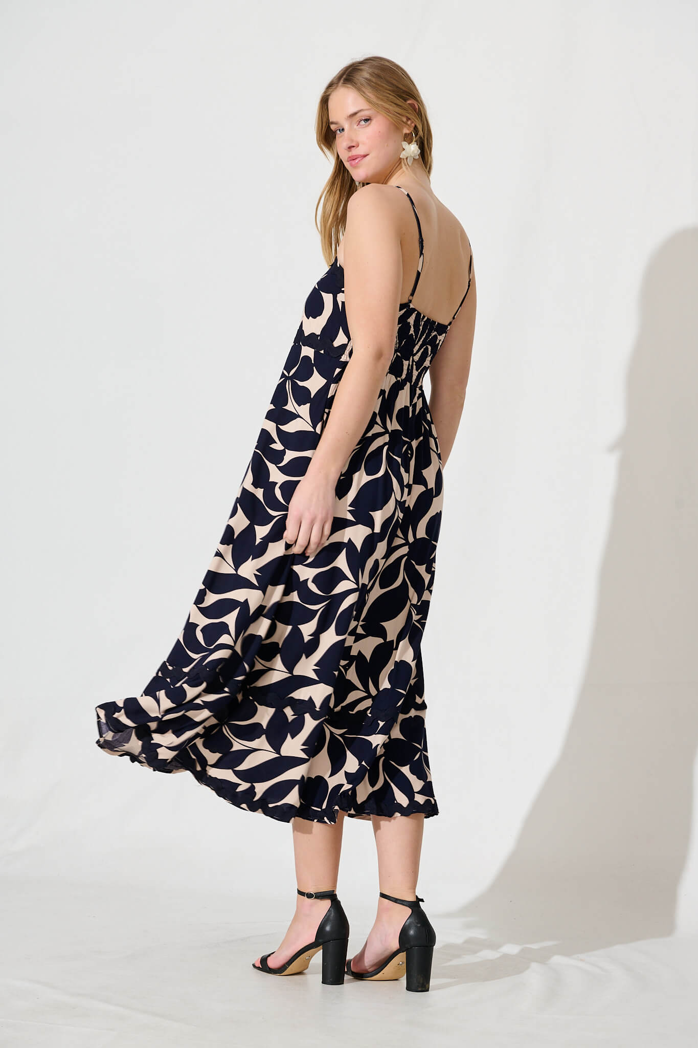 Nightbloom Maxi Sundress In Navy Leaf With Ric Rac Trim