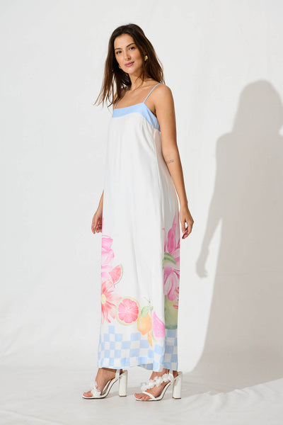 Vandalia Maxi Sundress In White With Multi Linen Blend