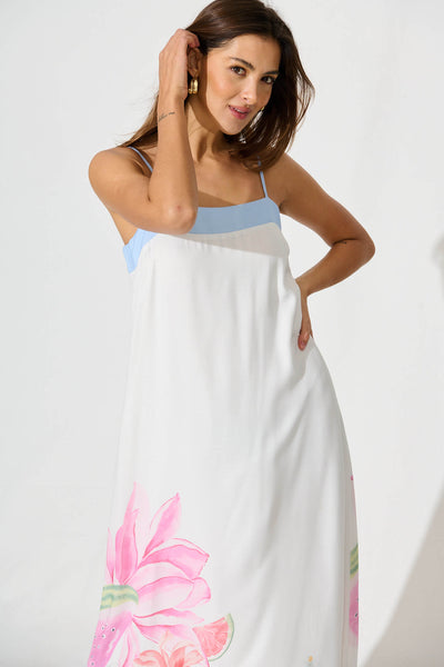 Vandalia Maxi Sundress In White With Multi Linen Blend