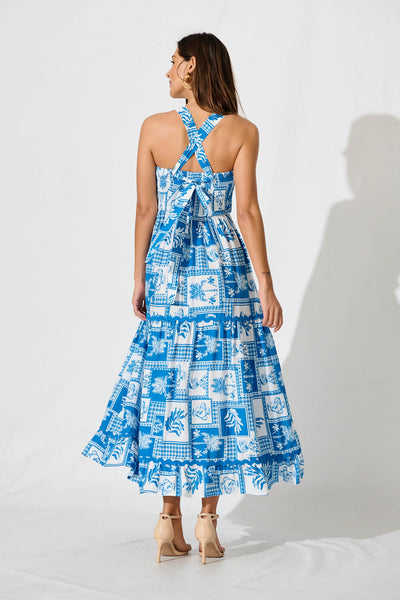First Kiss Maxi Sundress In Blue Tile With Ric Rac Trim