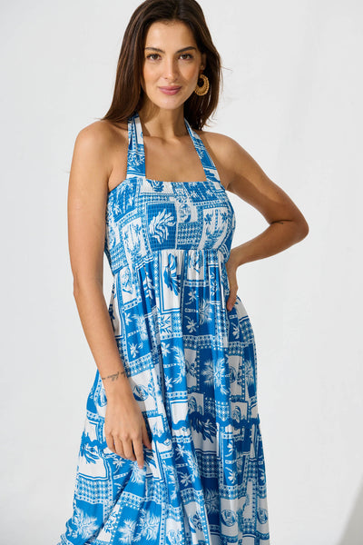 First Kiss Maxi Sundress In Blue Tile With Ric Rac Trim