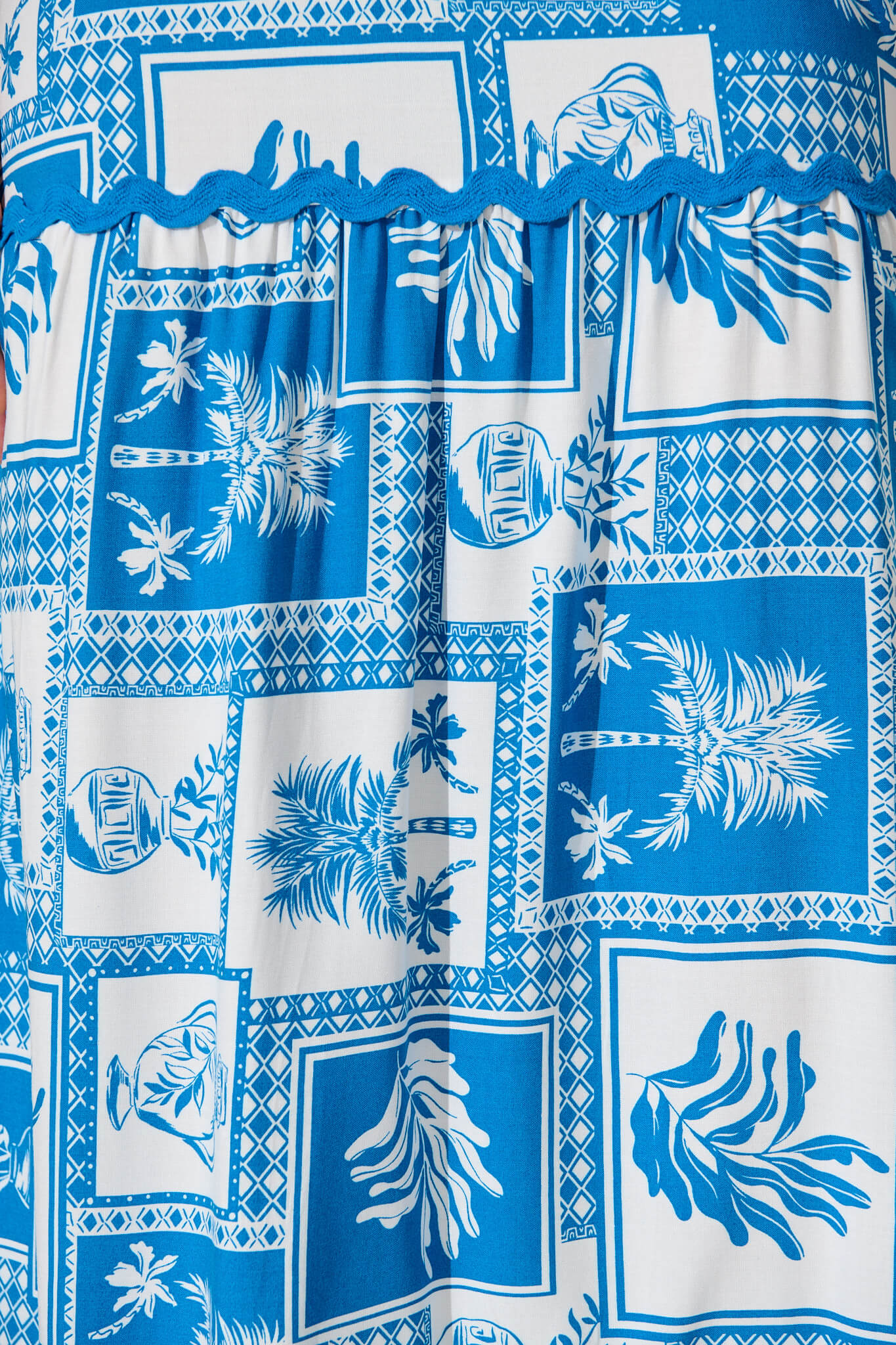First Kiss Maxi Sundress In Blue Tile With Ric Rac Trim