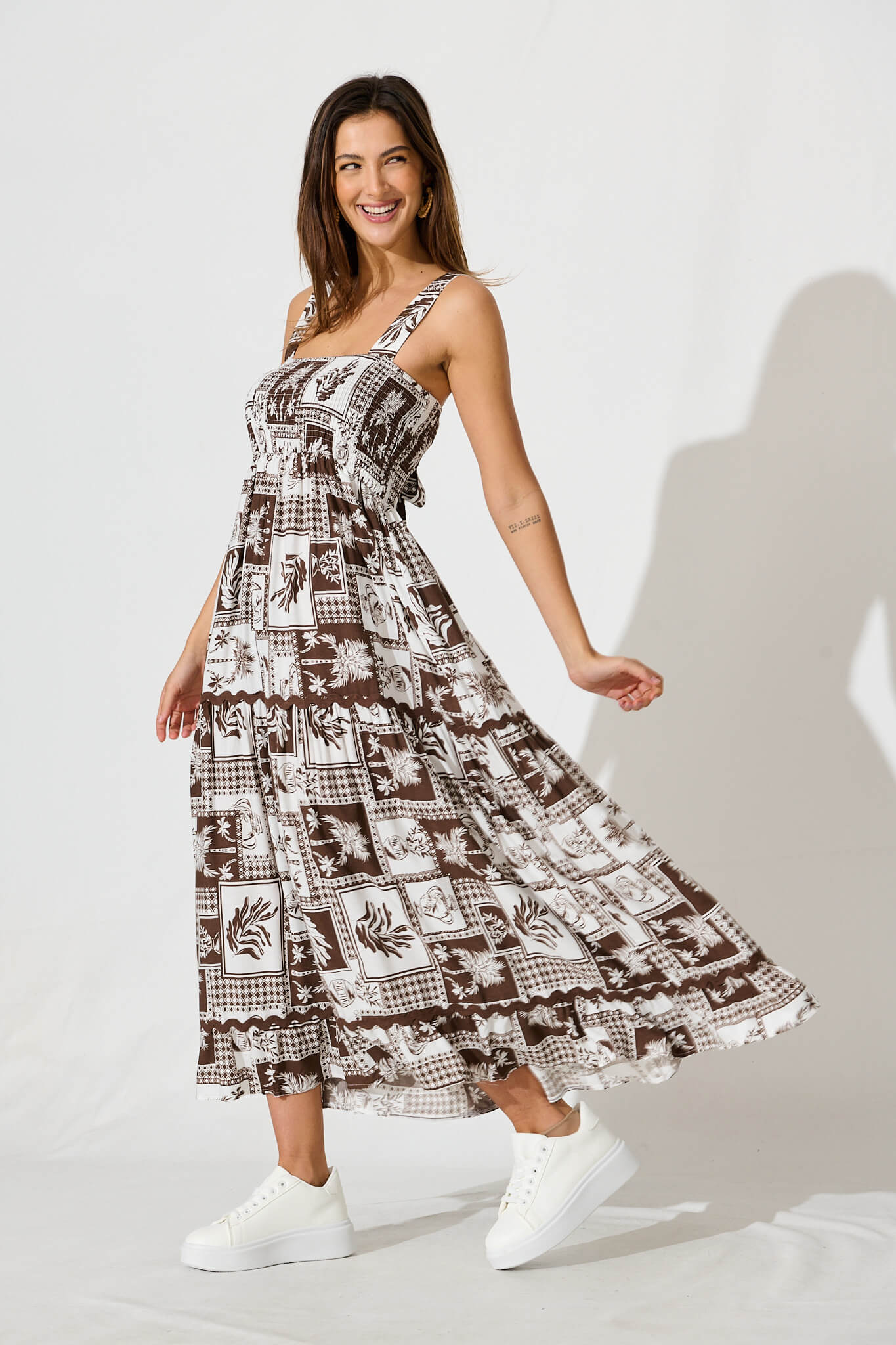 First Kiss Maxi Sundress In Chocolate Tile With Ric Rac Trim