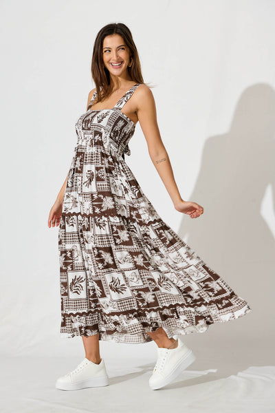 First Kiss Maxi Sundress In Chocolate Tile With Ric Rac Trim