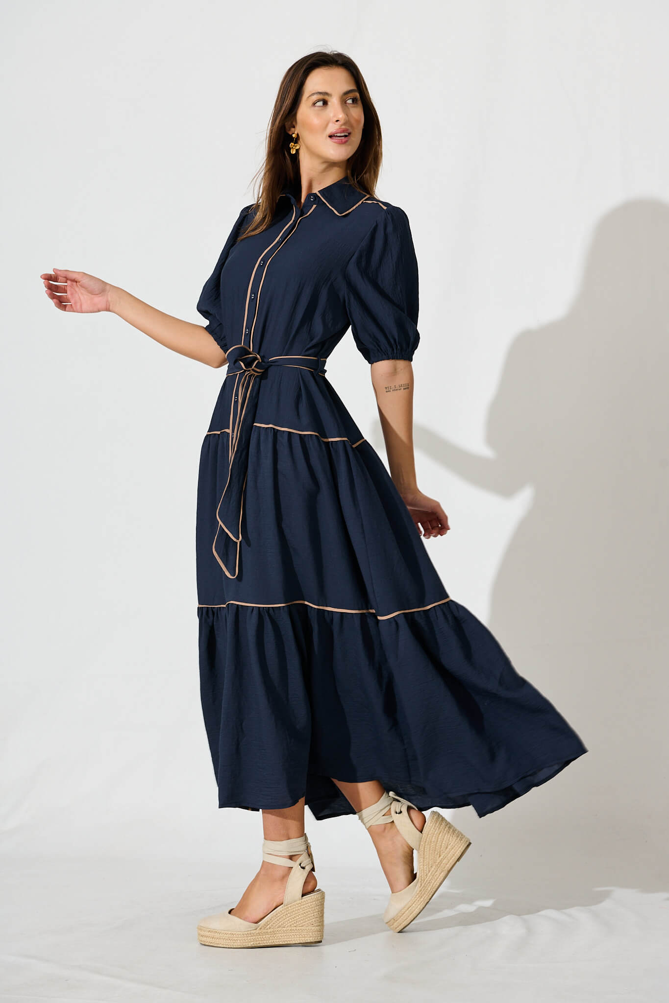 Impression Maxi Shirt Dress In Navy With Contrast Piping