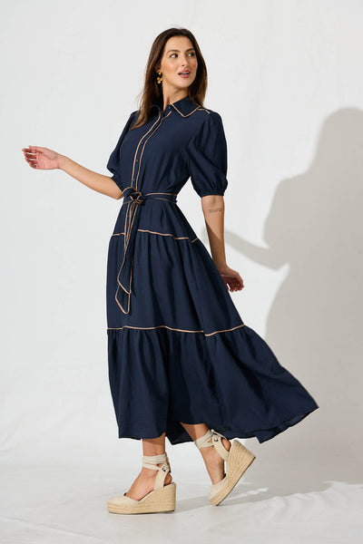 Impression Maxi Shirt Dress In Navy With Contrast Piping