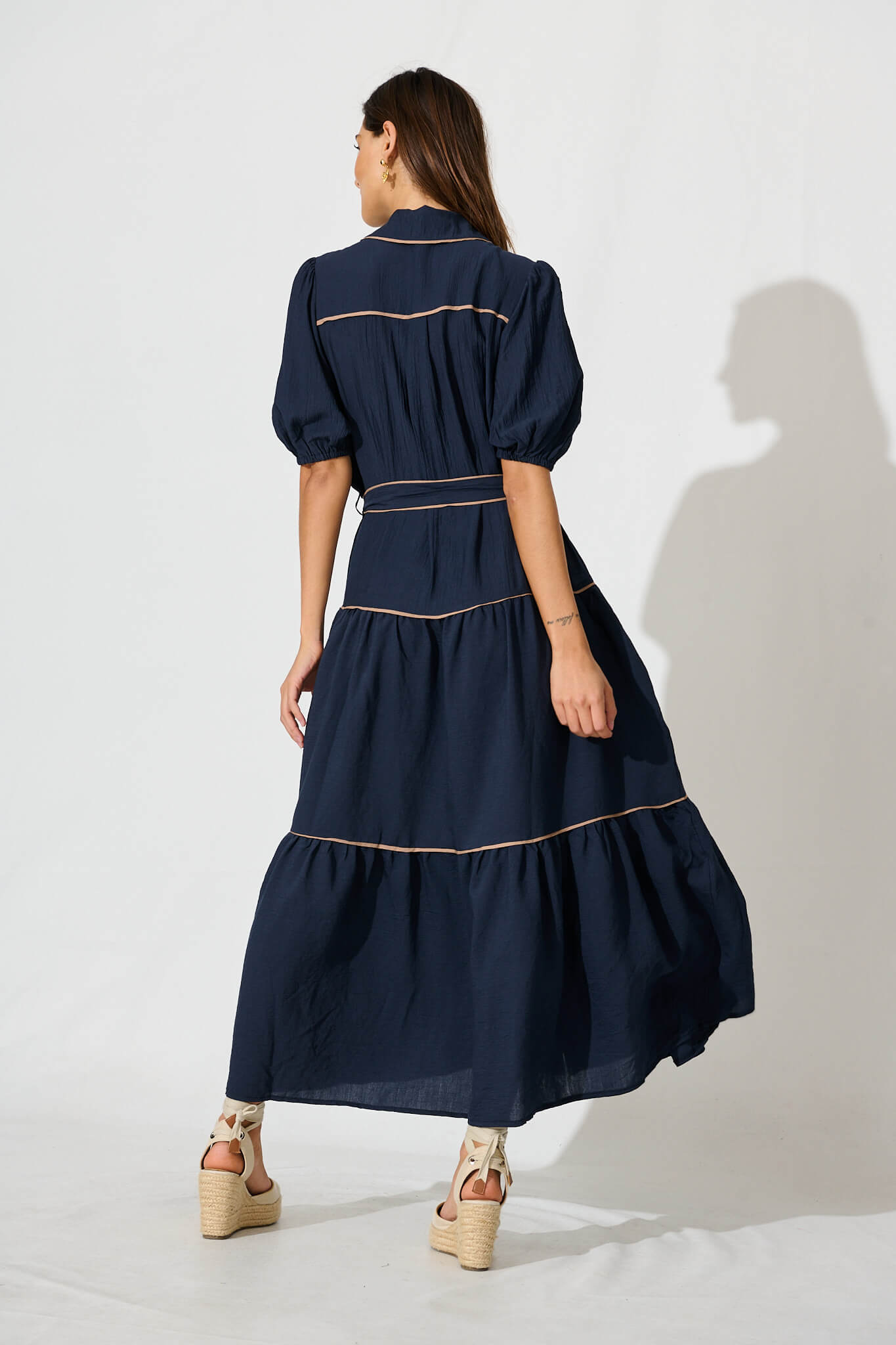 Impression Maxi Shirt Dress In Navy With Contrast Piping