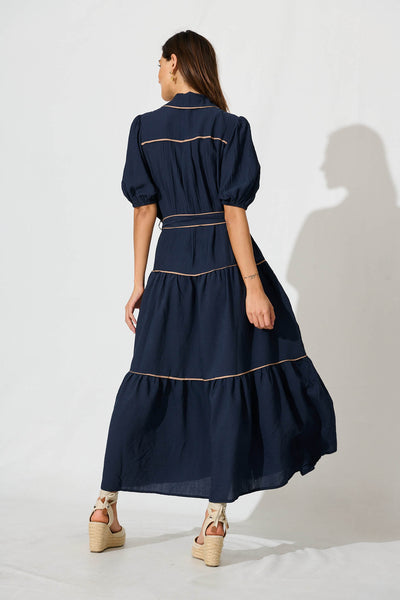 Impression Maxi Shirt Dress In Navy With Contrast Piping