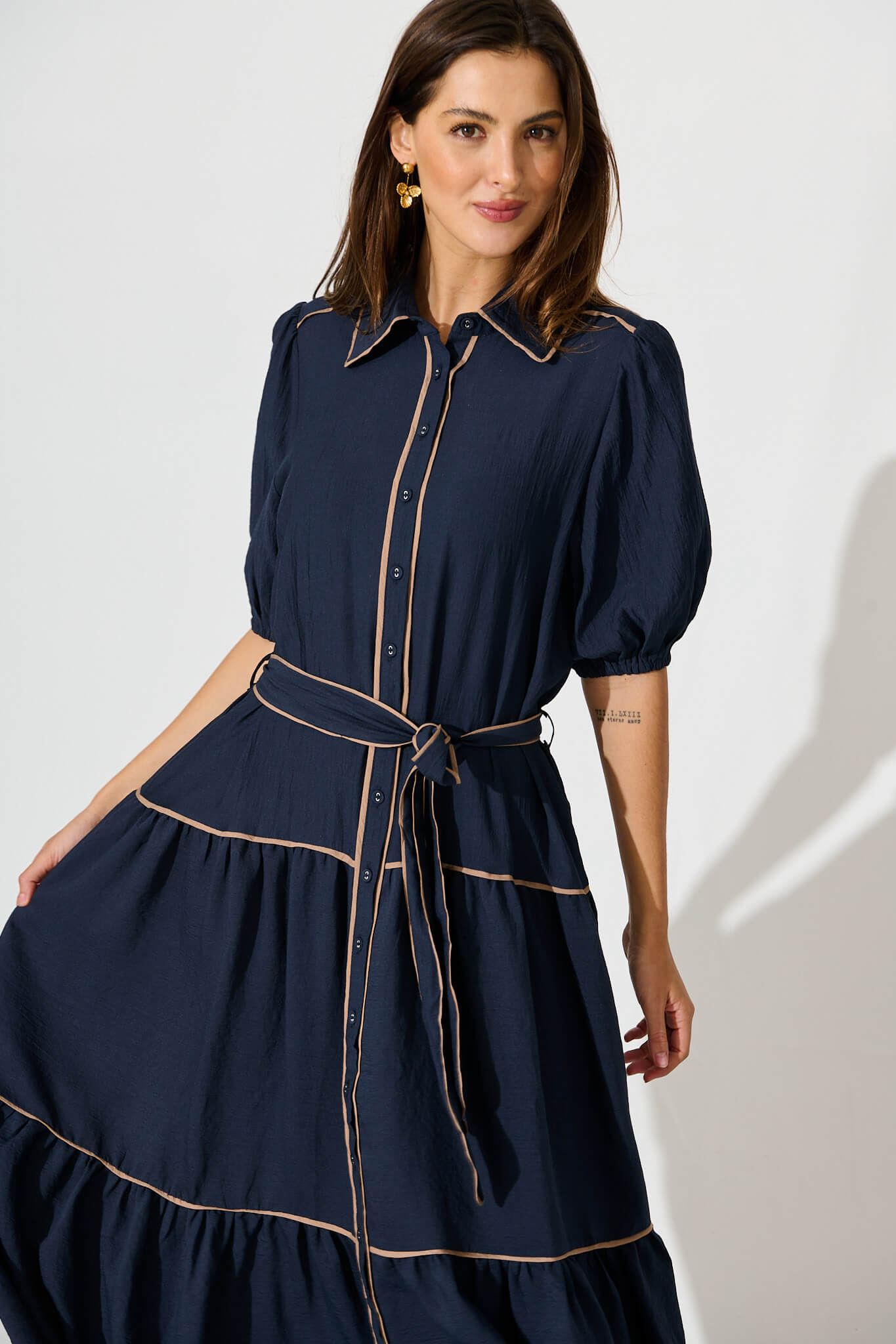 Impression Maxi Shirt Dress In Navy With Contrast Piping