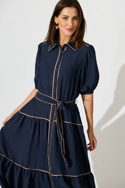 Impression Maxi Shirt Dress In Navy With Contrast Piping