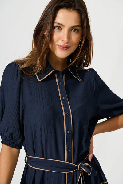 Impression Maxi Shirt Dress In Navy With Contrast Piping