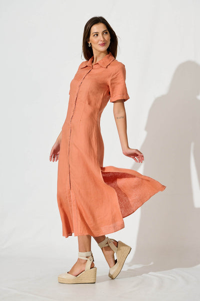 Christiana Maxi Shirt Dress In Rust Linen