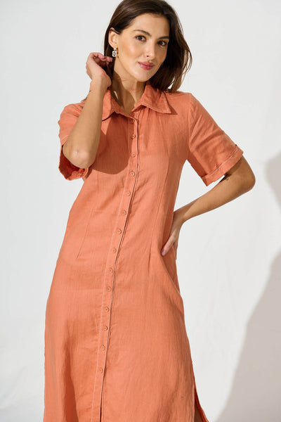 Christiana Maxi Shirt Dress In Rust Linen