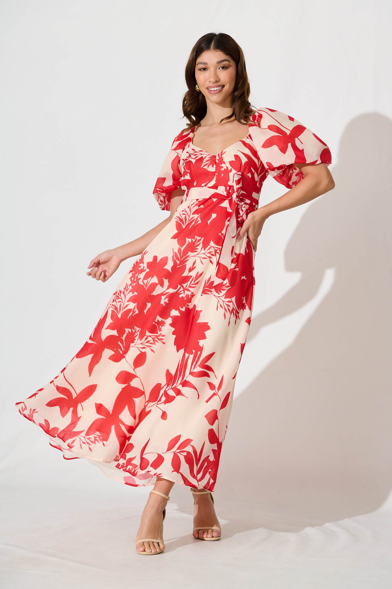 Medora Maxi Dress In Champagne With Red Floral