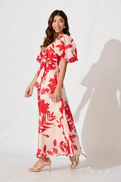 Medora Maxi Dress In Champagne With Red Floral