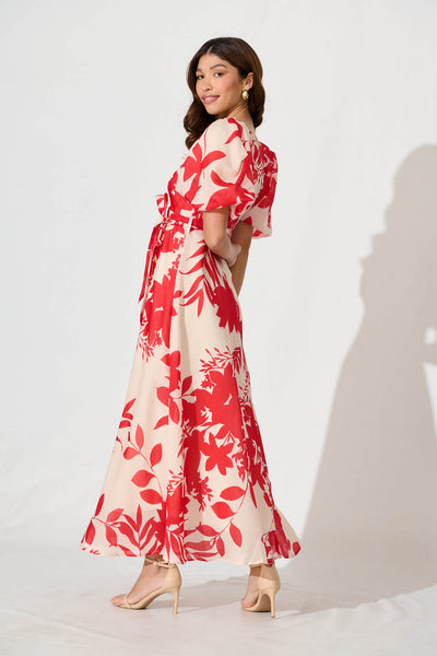 Medora Maxi Dress In Champagne With Red Floral