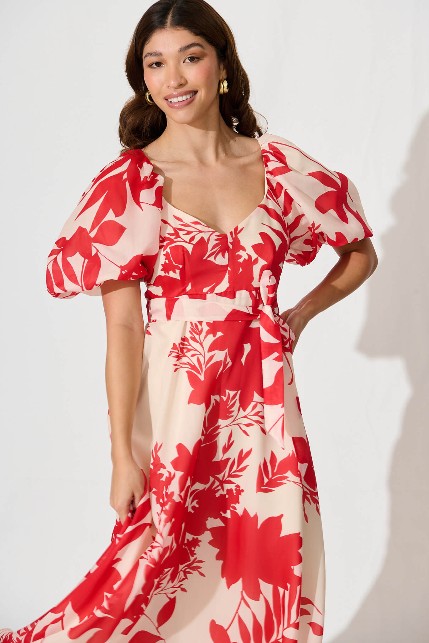 Medora Maxi Dress In Champagne With Red Floral