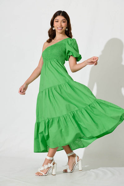 Elyria Maxi Dress In Green Cotton Linen Blend