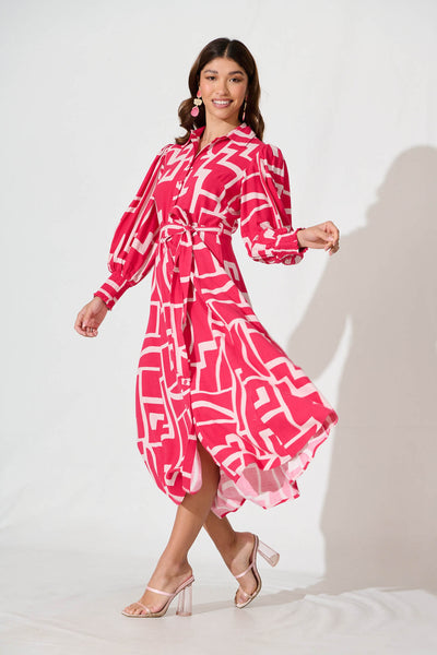 Wiltshire Maxi Dress In Pink With Pink Print Linen Blend