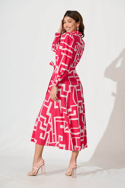 Wiltshire Maxi Dress In Pink With Pink Print Linen Blend