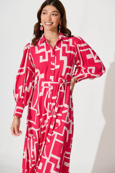 Wiltshire Maxi Dress In Pink With Pink Print Linen Blend