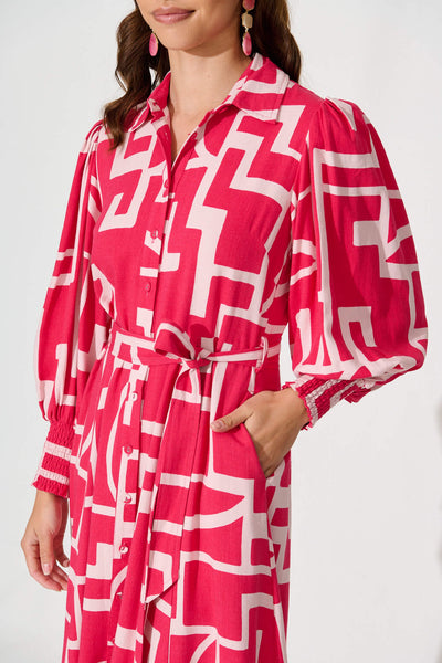 Wiltshire Maxi Dress In Pink With Pink Print Linen Blend