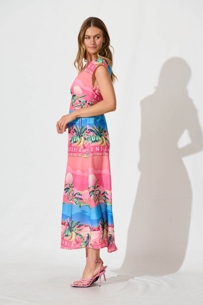 Rockland Maxi Dress Pink And Blue Tropical Print Linen Blend