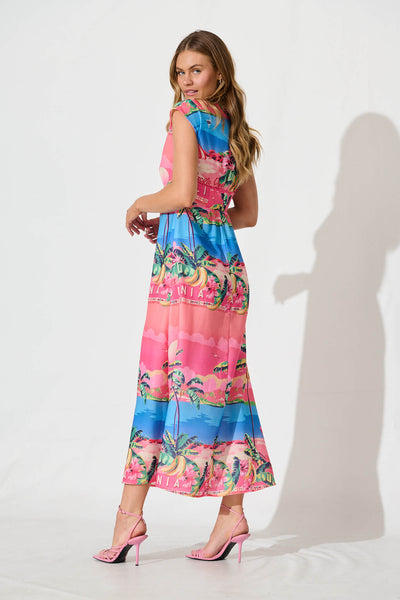 Rockland Maxi Dress Pink And Blue Tropical Print Linen Blend