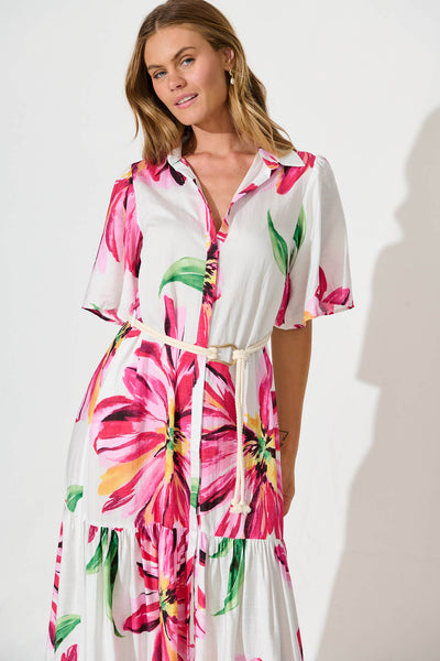 Cera Maxi Shirt Dress In White With Pink Floral