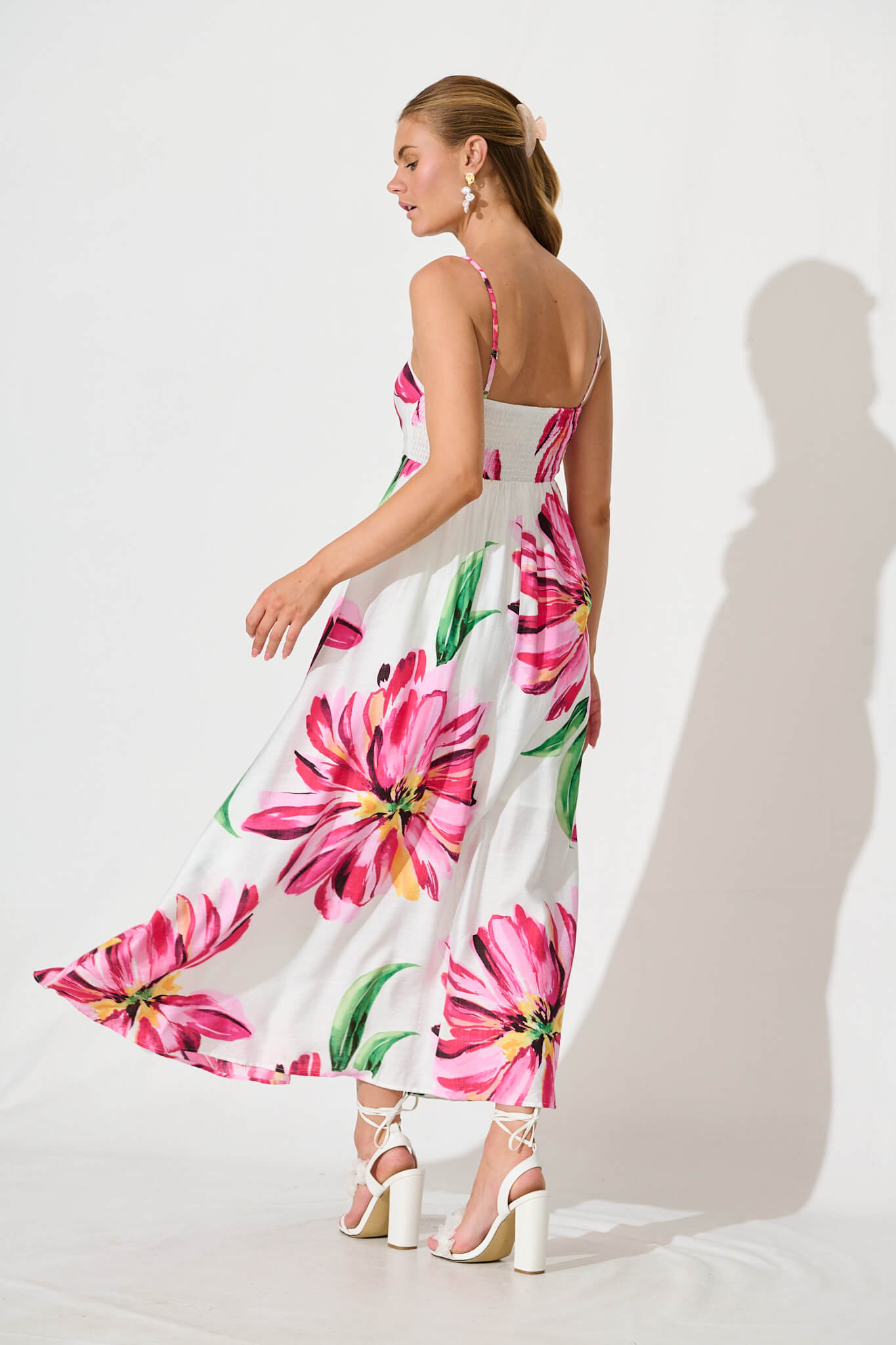 Willa Maxi Sundress In White With Pink Floral