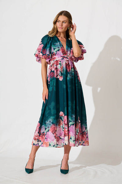 Divine Maxi Dress In Emerald With Pink Multi Floral Print