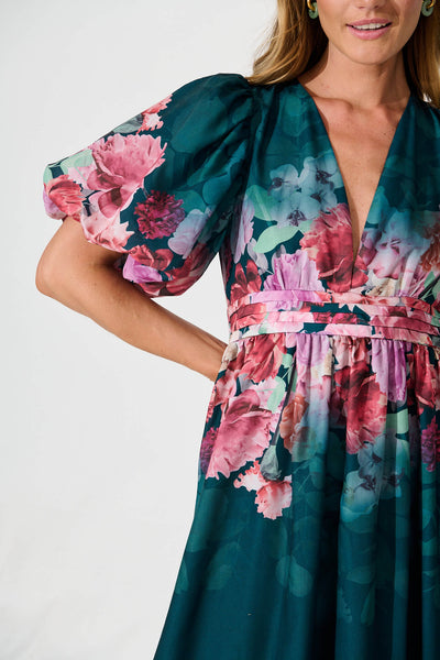 Divine Maxi Dress In Emerald With Pink Multi Floral Print