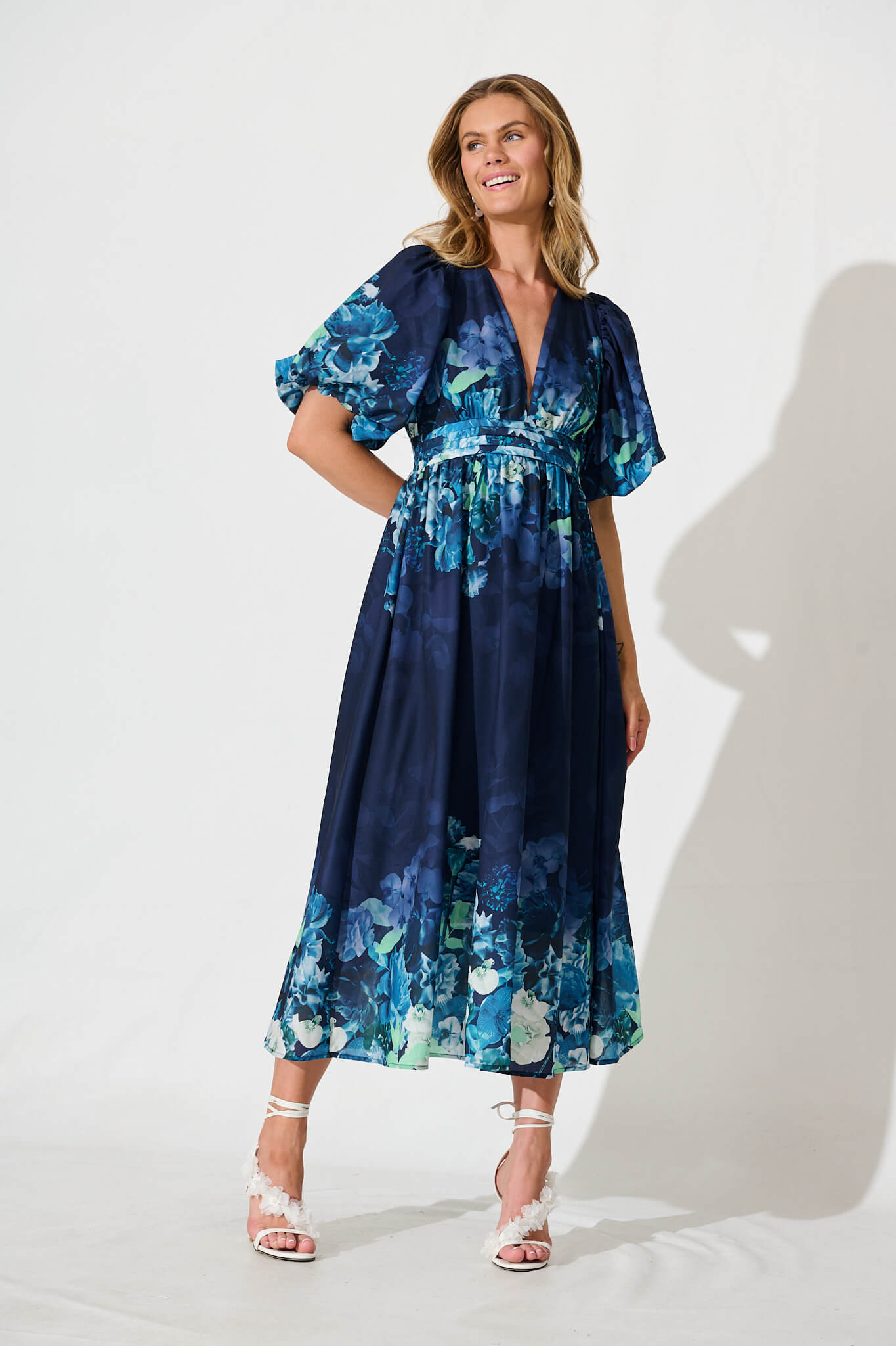 Divine Maxi Dress In Navy With Sage Multi Floral Print