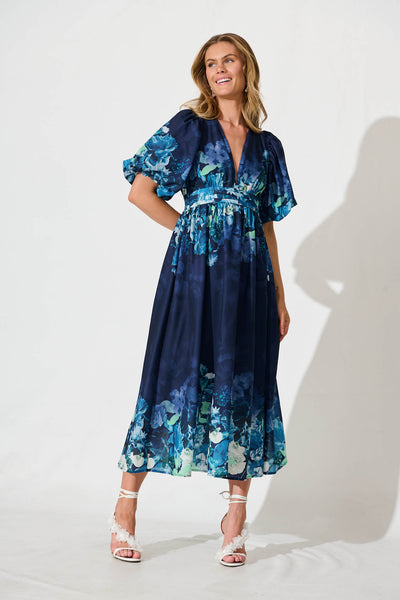 Divine Maxi Dress In Navy With Sage Multi Floral Print