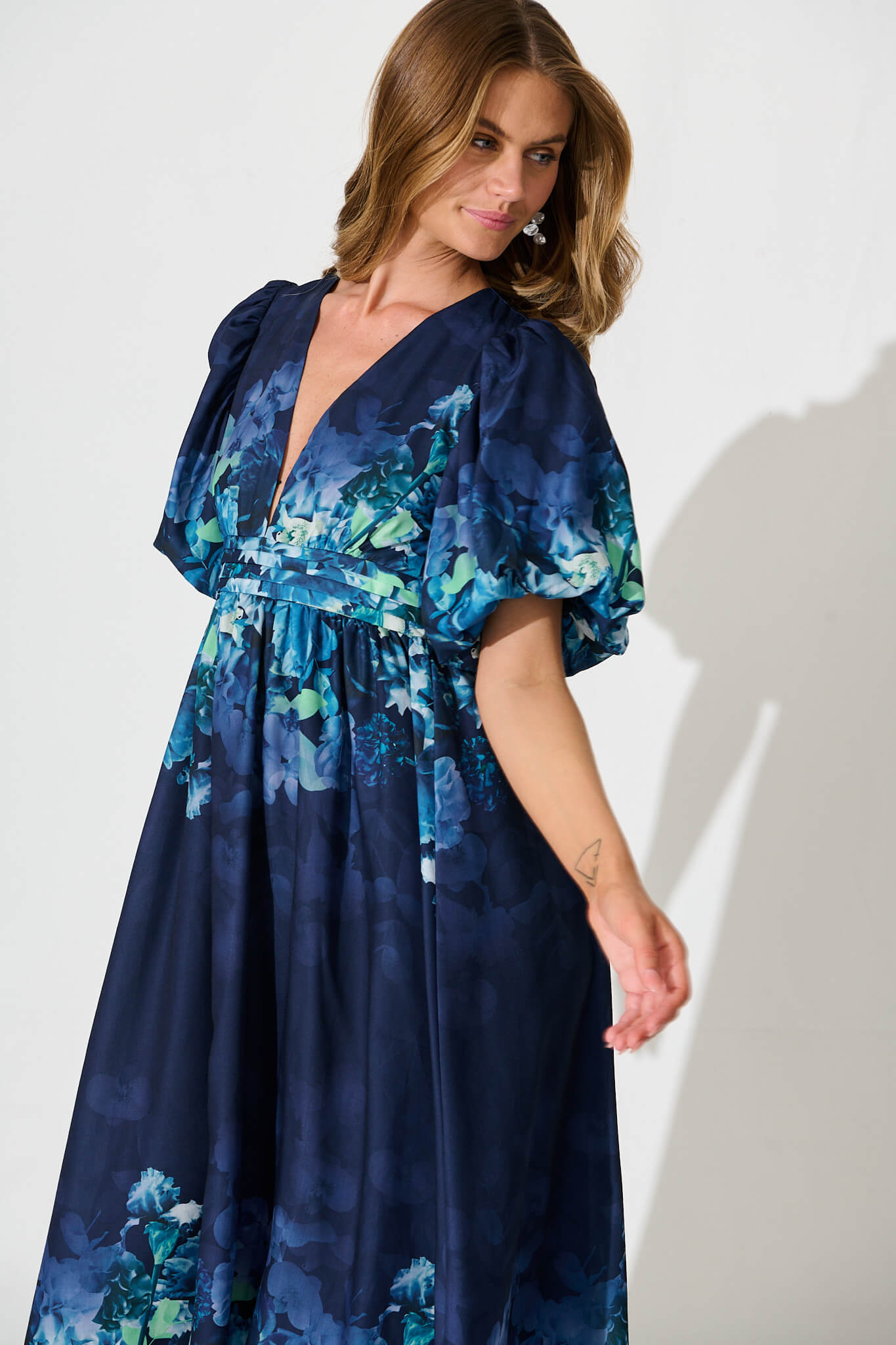 Divine Maxi Dress In Navy With Sage Multi Floral Print