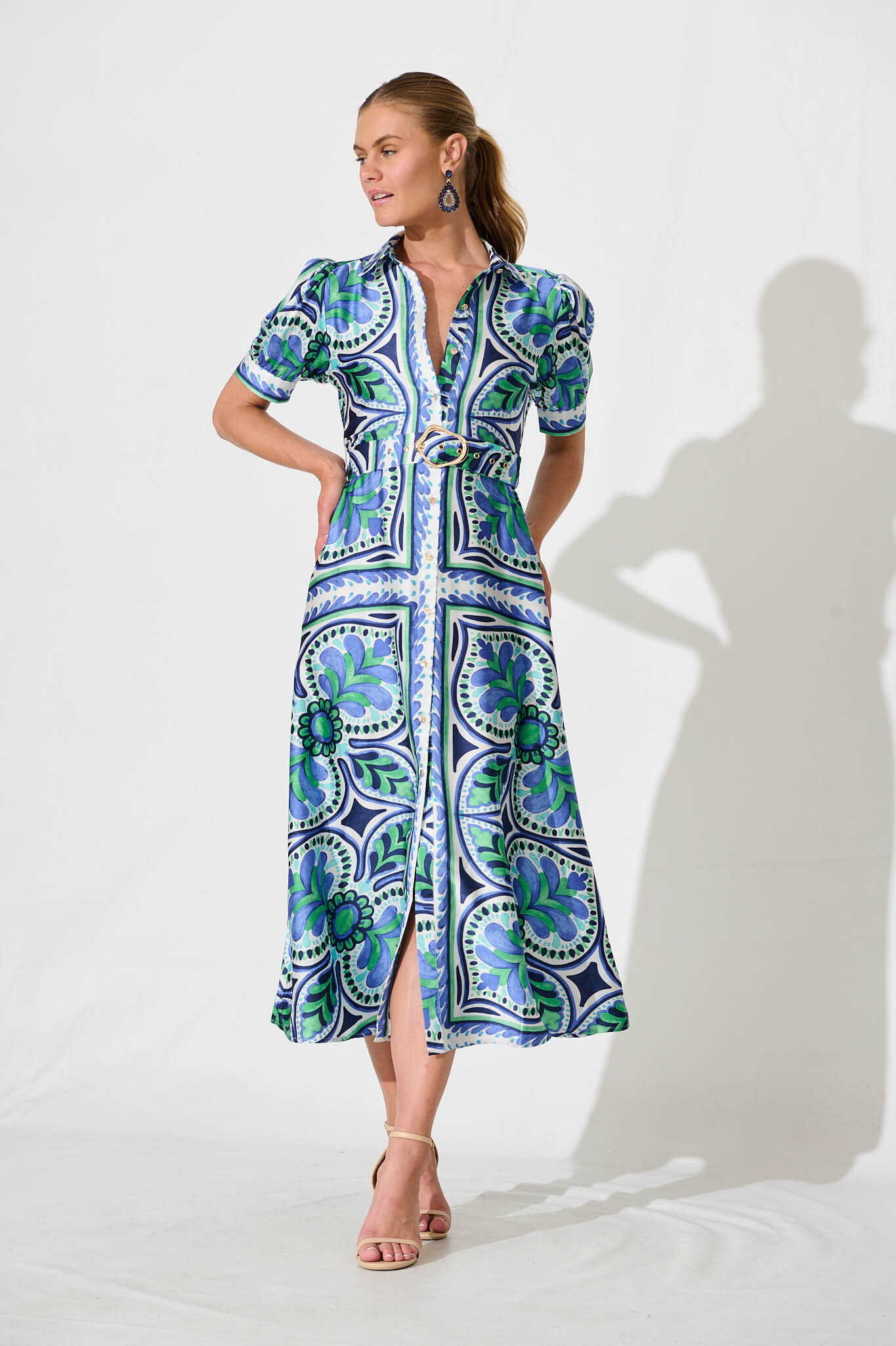 Halswell Maxi Shirt Dress In Blue And Green Tile Print