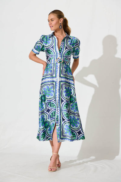 Halswell Maxi Shirt Dress In Blue And Green Tile Print